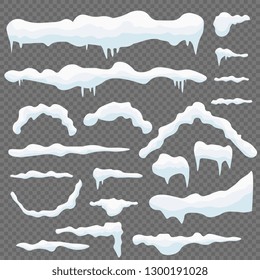 Realistic snow caps set, New Year winter ice elements on transparent background. Vector snow drift collection.