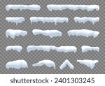Realistic snow caps set. White snow caps, snowball, snowdrifts and snow piles. Snowy elements on winter background. Winter elements decorations. Christmas elements. Vector illustration.