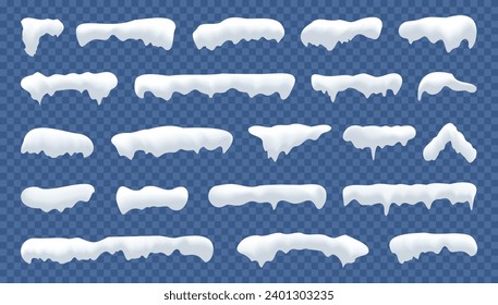 Realistic snow caps set. White snow caps, snowball, snowdrifts and snow piles. Snowy elements on winter background. Winter elements decorations. Christmas elements. Vector illustration.