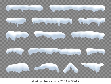 Realistic snow caps set. White snow caps, snowball, snowdrifts and snow piles. Snowy elements on winter background. Winter elements decorations. Christmas elements. Vector illustration.