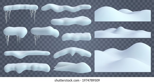 Realistic snow caps. Snowdrift with frozen icicles and snow borders, christmas snowy winter decorations vector illustration set. Winter snow caps elements, frost snowy, snowdrift icy, snow effect