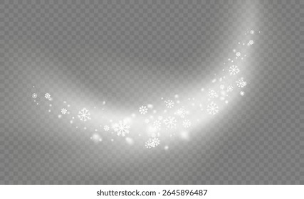Realistic snow effect with isolated flakes on transparent png. Winter snowstorm with bokeh light and fantasy atmosphere. Holiday decoration for xmas, greeting cards, and overlays.