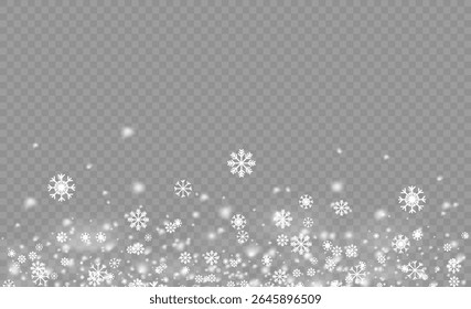 Realistic snow effect with isolated flakes on transparent png. Winter snowstorm with bokeh light and fantasy atmosphere. Holiday decoration for xmas, greeting cards, and overlays.