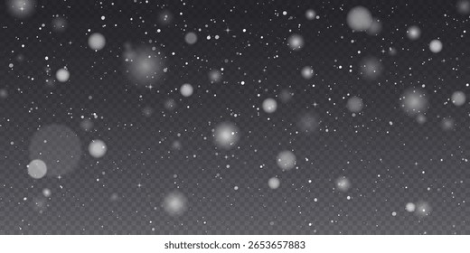 Neve realista caída sobre fundo transparente escuro. Partículas de poeira abstrata, png de inverno confete branco bg. Elementos de cartaz de papel de parede de Natal, folheto, cartão de ano novo, vetor realista neve em pó.