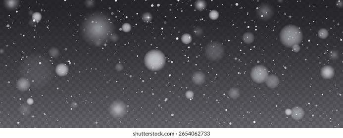 Realistic snow fallen on dark transparent background. Abstract dust particles, white confetti winter png bg. Christmas wallpaper poster elements, flyer, new year card, realistic vector snow powder.