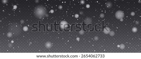 Realistic snow fallen on dark transparent background. Abstract dust particles, white confetti winter png bg. Christmas wallpaper poster elements, flyer, new year card, realistic vector snow powder.