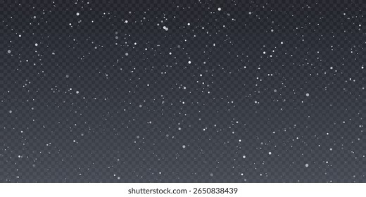 Neve realista caída sobre fundo transparente. Partículas de poeira abstrata, confete branco png bg. Elemento de papel de parede festivo para cartaz de Natal, folheto, cartão de ano novo, vetor realista neve em pó.
