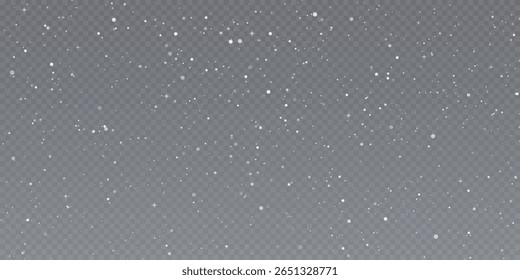 Neve realista caída sobre fundo transparente. Partículas de poeira abstrata, confete branco png bg. Elemento de papel de parede festivo para cartaz de Natal, folheto, cartão de ano novo, vetor realista neve em pó.