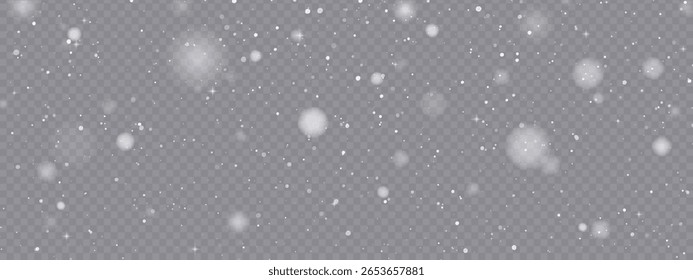 Neve realista caída sobre fundo transparente. Partículas de poeira abstrata, confete branco png bg. Elemento de papel de parede festivo para cartaz de Natal, folheto, cartão de ano novo, vetor realista neve em pó.