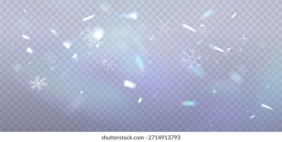 Realistic snow fallen on transparent background with reflection light prism effect. Abstract dust particles, white confetti winter png snowy bg. Vector snow overlay with cold blurred light.
