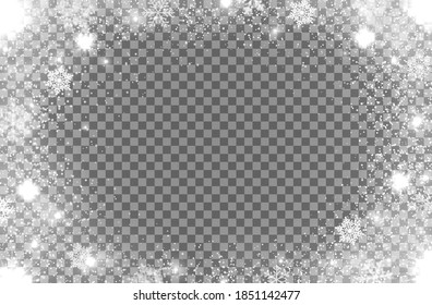 Realistic snow flakes oval frame on transparent background. Isolated vector Christmas border with falling snow and steam. Snowflake decoration, Xmas magic white snowfall texture, winter snowstorm