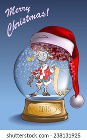 A realistic Snow Globe with a cartoon style Santa Goat holding a wish list inside and Santa hat on top. Christmas greeting card  design. EPS10 vector illustration.
