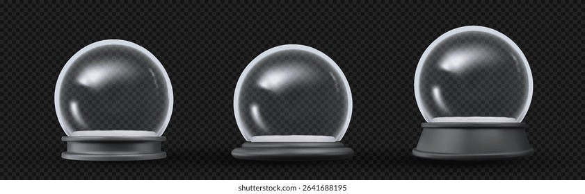 Realistic Snow globe collection isolated. Clear glass domes on black pedestal. Empty 3D Christmas souvenir balls for festive design