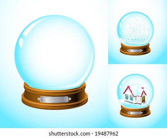 realistic snow globe empty and with snow and a house inside 
see also images ID 19487965, 19487959