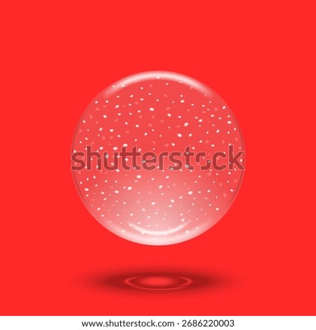 Realistic snow globe with magical sparkles 3d vector mockup isolated on red background, transparent glass Christmas ball with floating shadow, winter holiday decoration and elegant for seasonal design
