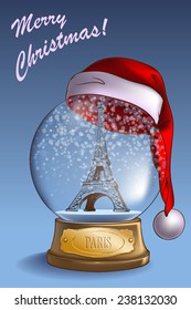 A realistic Snow Globe with a sketchy Eiffel Tower model inside and Santa hat on top. Christmas greeting card  design. EPS10 vector illustration. 