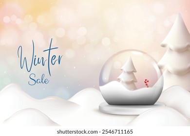 Arrière-plan multicolore de thème d'hiver réaliste Globe de neige. Concept De Vente D'Hiver Pour La Promotion D'Offre De Vente À Prix Réduit, Carte De Voeux, Site web, Publicité, E-Commerce.