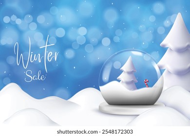 Realistic Snow Globe Winter Theme Blue Background. Winter Sale Concept For Discount Sale Offer Promotion, Greetings Card, Website, Advertisement, E-commerce.