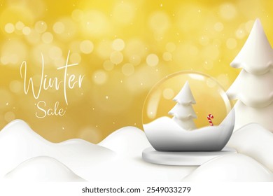 Realistic Snow Globe Winter Theme Yellow Background. Winter Sale Concept For Discount Sale Offer Promotion, Greetings Card, Website, Advertisement, E-commerce.