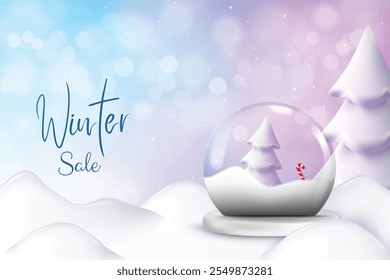 Realistic Snow Globe Winter Theme Purple Blue Background. Winter Sale Concept For Discount Sale Offer Promotion, Greetings Card, Website, Advertisement, E-commerce.