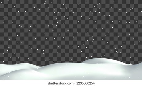 Realistic snow hills landscape. Vector snowdrift with falling snowflakes illustration. Winter background