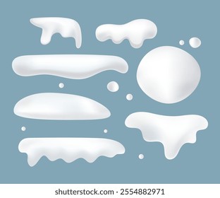 Realistic snow pile set. Snow caps, cover collection. White mountain, winter holiday elements. Vector illustration.