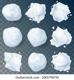 Realistic snow splats. Winter children games snowballs, Christmas holiday fun, snow fight splats isolated vector illustration set. Snow 3d splats of ice frost ball, round and sphere natural ball snow