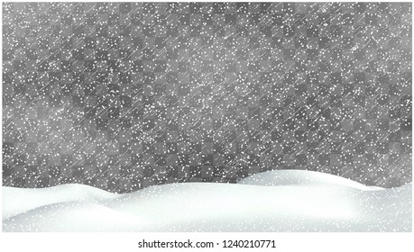 Realistic snow storm illustration. Vector snowdrift with falling snowflakes. Winter background.