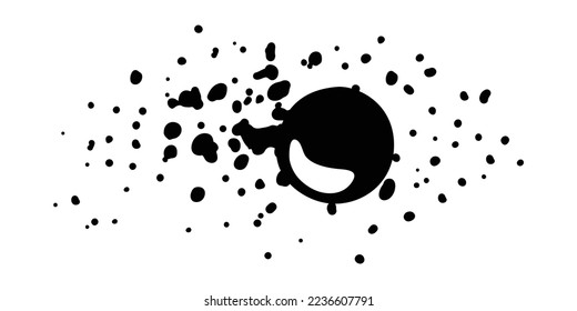 Realistic snowball silhouette. Snow globe in flight. Black and white graphics for screen printing or engraving. Round snowball with flying pieces of snow. Winter fun with snow. Throw snowballs.