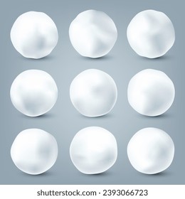 Realistic snowballs collection. Frozen ice ball, white snow. Winter decoration element for Christmas or New Year. Vector illustration