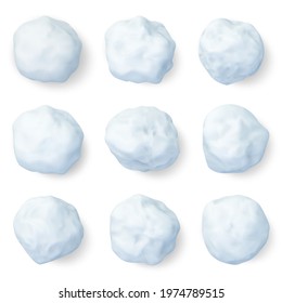 Realistic snowballs. Winter frozen snow ball, christmas snowy decorations or kids winter snowballs game elements vector illustration set. White 3d snowballs. Ice snow, snowy snowflake, snowball sphere