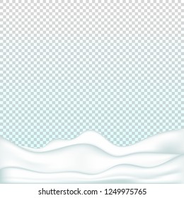 Realistic snowdrift isolated on transparent background. Snowy landscape. Vector illustration with snow hills.