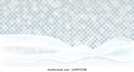 Realistic snowdrift isolated on transparent background. Winter landscape. Falling snowflakes. Vector illustration with snow hills.