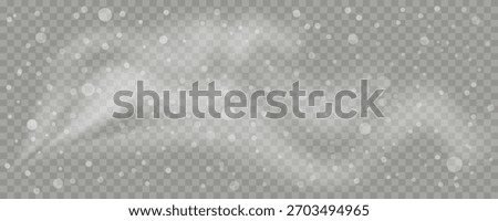 Realistic snowfall and blizzard wind overlay with white snow dots, blur, and fog effect on a transparent background. Winter weather template. Editable vector illustration.