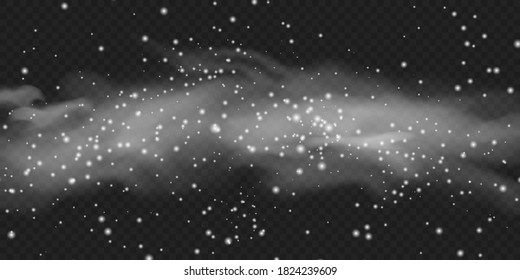 Realistic snowfall cloud effect. White snow cloud with blizzard on transparent dark background. Smog, mist, cold fog or winter cloud vector illustration for weather forecast or photo decoration.