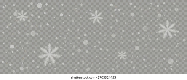 Nevada realista y copo de nieve suave sobre un fondo transparente. Clima de invierno y Plantilla festiva de efecto de vacaciones. Ilustración vectorial editable.
