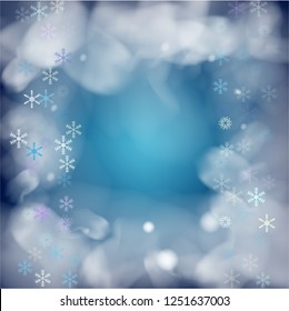 Realistic Snowfall Vector on Blue. Christmas, New Year Ad, Flyer, Card Background. Realistic Snowfall Pattern, Falling Snowflakes Overlay. Christmas Decoration, Ice, Storm, Frost Effect Vector Border.