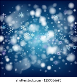 Realistic Snowfall Vector on Blue. Christmas, New Year Grunge Holidays Background. Flying, Falling Snowflakes, Realistic Vector Snowfall. Random Dots, Storm Sky, Frost Effect Magic Ice Square Frame.