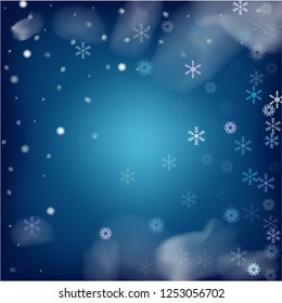 Realistic Snowfall Vector on Blue. Holidays Background, Christmas, New Year Flyer. Realistic Vector Snowfall, Flying, Falling Snowflakes. Random Dots, Storm Sky, Frost Effect Magic Ice Square Frame.