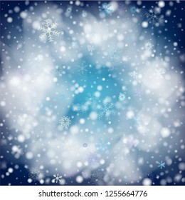 Realistic Snowfall Vector on Blue. Christmas, New Year Sky Holidays Background. Flying, Falling Snowflakes, Realistic Vector Snowfall. 