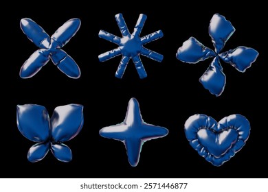 Realistic snowflake, butterfly, star, heart and cross shapes metallic inflated balloon 3D cartoon vector icons set. Glossy blue foil helium air figure decorations. Festive volume techno design element