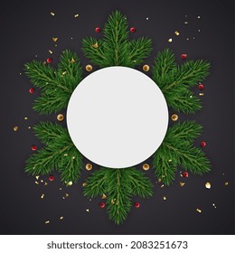 Realistic snowflake made of pine branches decorated with confetti, golden and red balls with blank place for text. Christmas concept. New year vector card