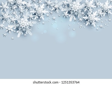 Realistic snowflakes Banner with place for text template. Paper cut snow decoration nature background.