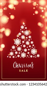 Realistic snowflakes in christmas tree shape with magic blur lights. New year, merry Christmas seasonal greetings card, banner, winter festive background. vector illustration eps 10