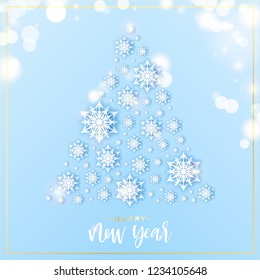 Realistic snowflakes in christmas tree shape with magic blur lights. New year, merry Christmas seasonal greetings card, banner, winter festive background. vector illustration eps 10