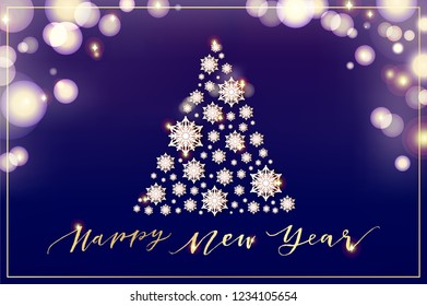Realistic snowflakes in christmas tree shape with magic blur lights. New year, merry Christmas seasonal greetings card, banner, winter festive background. vector illustration eps 10