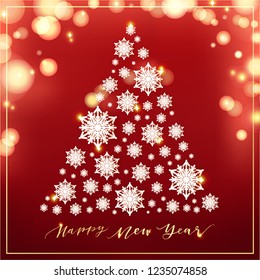 Realistic snowflakes in christmas tree shape with magic blur lights. New year, merry Christmas seasonal greetings card, banner, winter festive background. vector illustration eps 10