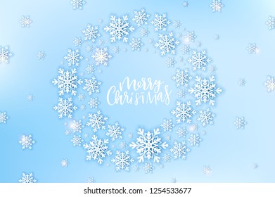 Realistic snowflakes round frame. Snow wreath with magic blur lights. Winter, Christmas, New year sale or geeting background concept. Banner, card seasonal design template. Vector illustration