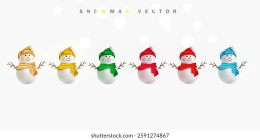 Realistic snowman collection set vector illustration design. 3D multicolored winter snowman template in isolated white background. Christmas celebrations snowman design with variant color. 