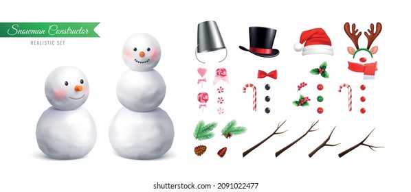 Realistic snowman constructor with Christmas decorations vector illustration